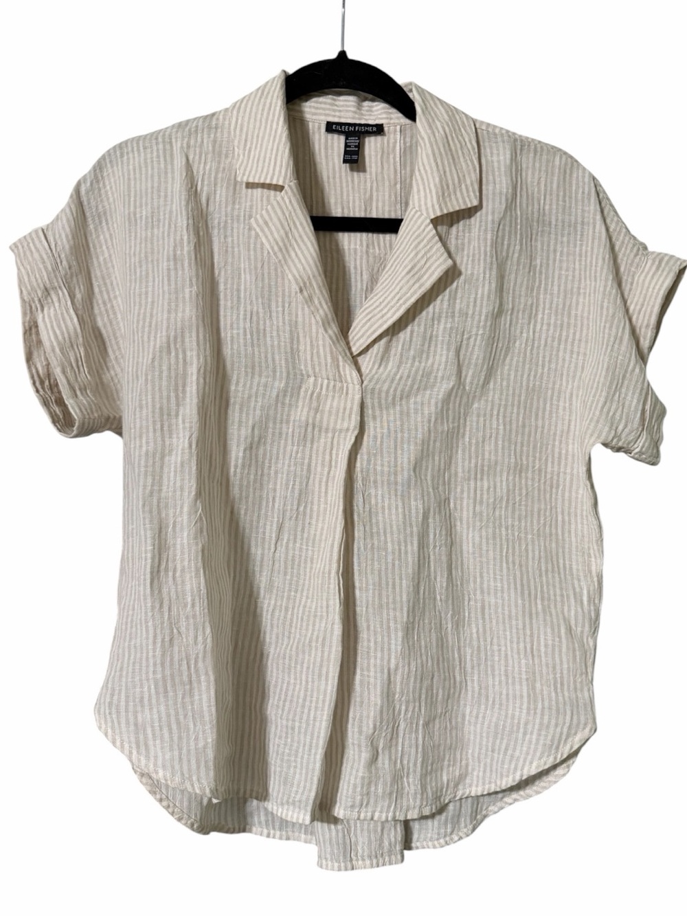 Eileen Fisher Puckered Organic Linen Stripe Notch Collar Top - XXS